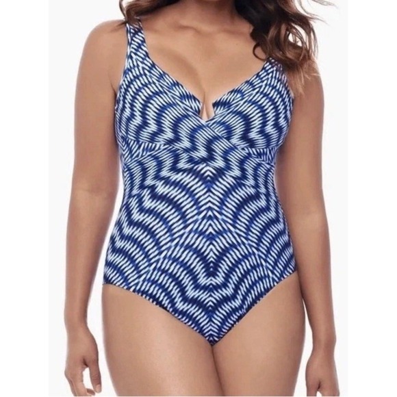 Miraclesuit Criss Cross Escape One‎ Piece Swimsuit Sz 8 Blue Abstract NEW NWT - Picture 1 of 7